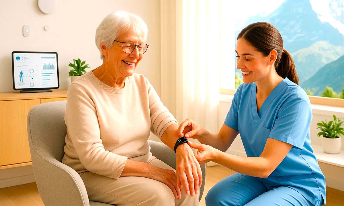 immagine di donna anziana e infermiera che monitora i parametri attraverso il servizio di telesoccorso